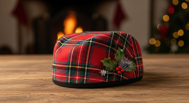 Festive Hogmanay celebration with tartan hat on wooden table, signifying Scottish New Year. Hogmanay setup showcases tradition,