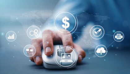 Close up of a hand using a computer mouse with glowing digital icons representing finance and technology floating around