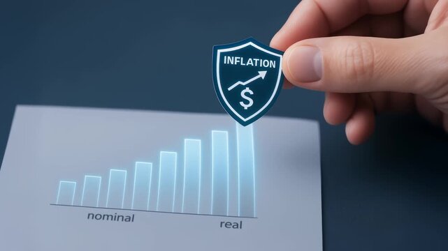 Inflation rising graph with shield and dollar sign held by hand illustrating nominal and real value protection for retirement planning finance