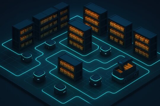 Futuristic warehouse automation with robotic vehicles navigating a high tech storage facility illuminated by glowing lines and arranged shelves organized effectively for efficiency and innovation