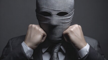 Businessman wearing a suspicious mask stands confidently, fists clenched, in a dimly lit room, suggesting secrecy and intrigue in a corporate environment