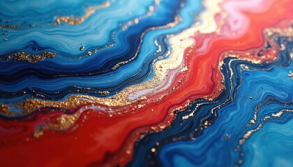 Close view abstract red blue acrylic paint mixed with gold foil texture effect. Swirling colors form wavy pattern on canvas surface, creative artwork background.