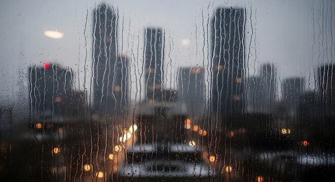 Rainy Cityscape: Urban View Through Wet Window, Chicago at Dusk
