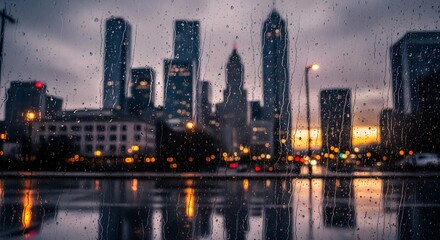 Atlanta skyline at dusk seen through a rain-streaked window.