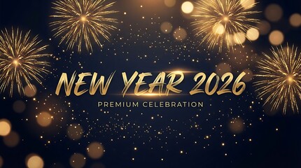 Elegant New Year 2026 Celebration Background with Golden Fireworks and Shimmering Confetti