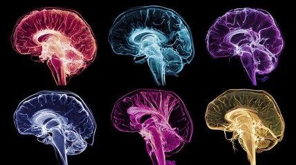 Vividly colored composite brain scans reveal intricate structures and connections within human anatomy for educational and research purposes