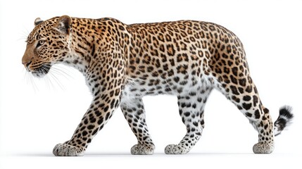 Fototapeta premium Majestic leopard walking gracefully against a clean white background