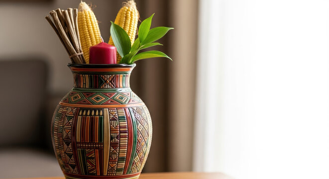 Celebrating Kwanzaa with traditional elements, decorative vase filled with ears of corn and candles. Kwanzaa setup includes symbolic crops, candle for lighting during Kwanzaa,