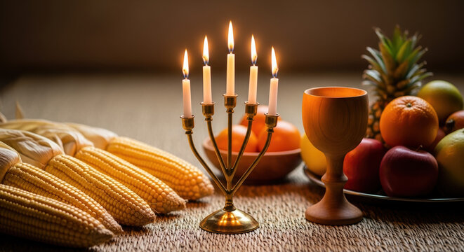 Kwanzaa celebration with Kinara and Mazao, a symbol of unity and harvest. This Kwanzaa scene showcases fruits, vegetables, and candles, representing the Nguzo Saba principles,