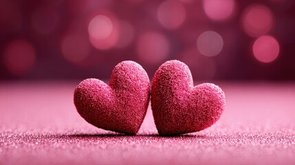 Obraz premium Two glittery hearts on a pink surface, perfect for Valentine's Day or romance