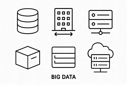 Big Data Icons: A collection of modern and sleek outline icons representing Big Data, conveying the core concepts of data storage, processing, and management.
