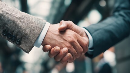 Business professionals engaging in a handshake during a formal meeting in an urban office setting in the late afternoon