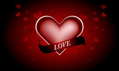 red heart depth 3d shapes logo with love typographic and heart shape pattern texture abstract background