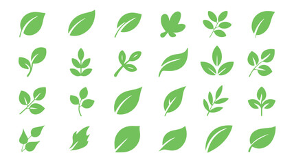 A Diverse Collection of Minimalist Green Leaf Icons Representing Nature and Growth