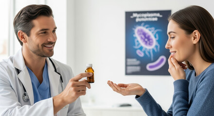 Doctor offering medication for Mycoplasma pneumonia, patient accepting treatment in doctor’s office. Consultation includes doctor, wearing white coat and stethoscope, handing medicine to the woman.