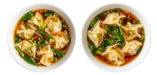 Steamed Dumplings served in hot Wonton Soup garnished with cilantro and scallions, isolated on white background