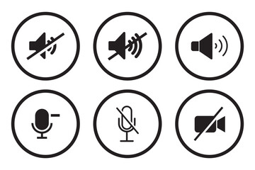 Volume Icon set. Loudspeaker Mute and unmute volume sound flat vector icons for video apps and websites. Speaker volume icon -audio voice sound symbol media music. Simple black line flat glyph vector