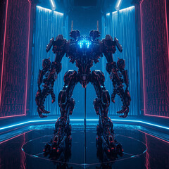 Powerful Futuristic Combat Robot Standing in Neon Sci-Fi Corridor
