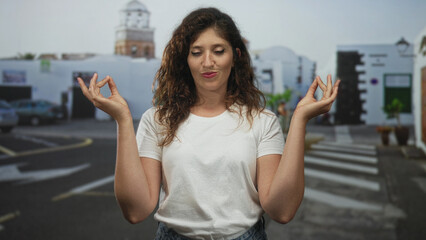 Woman in a casual white tshirt holding both hands in a meditation mudra on a city street, freckled...