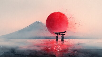 Pixelated Red Sun Rising Over Torii Gate Silhouette and Distant Mountain with Red Light Reflection