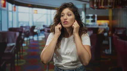 Woman pressing hands to ears in a restaurant building with slumped posture and closed eyes;...