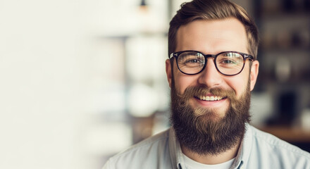 Smiling man with a beard during No Shave November, portrait with eyeglasses and stylish facial hair. No Shave November encourages embracing natural looks,