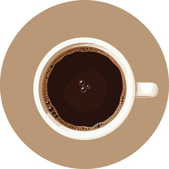 Top View of a Cup of Black Coffee, Hot Espresso Drink with Crema Bubbles, Warm Beverage on a Brown Circle Background, Morning Drink and Caffeine Concept Vector Illustration.
