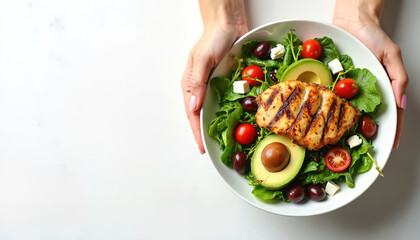 Hands present grilled chicken salad with avocado, fresh greens, cherry tomatoes, feta cheese on white background. Healthy meal with mixed lettuce, salad high in protein, low in carbs. Nutritious,