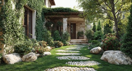 Stone path leads to a house entrance. Greenery surrounds, creating inviting exterior