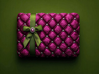 Fototapeta premium Luxurious Purple Quilted Leather Texture with Green Bow Details for Fashion and Style Design