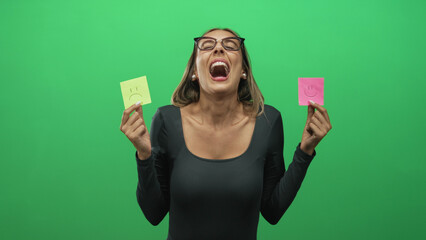 Young hispanic blonde woman holding pink and yellow sticky notes and open mouth in green studio; uncertainty choice.