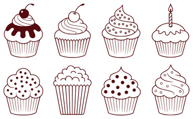 Collection of eight stylized line art cupcakes with various toppings