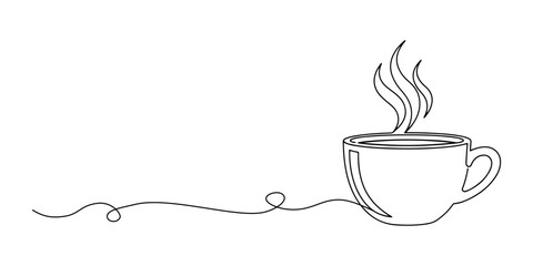 Continuous one line of a cup of coffee with rising steam, symbolizing morning routines, energy, and daily comfort, hand drawn vector illustration.