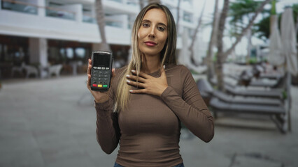 Young blonde hispanic woman holding a payment terminal with hand on chest in building outdoors near...