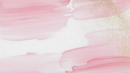 Watercolor painting with pink hues and golden glitter accents isolated on white background, creating a soft texture