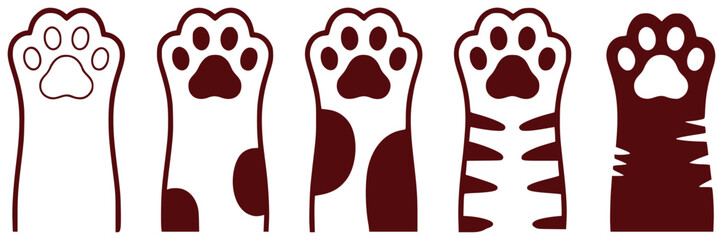 Collection of Five Stylized Cat Paws with Different Patterns