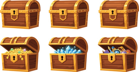 Treasure chest collection, wooden chests with gold, gems and loot, cartoon game assets, fantasy reward icons, adventure-themed digital illustration