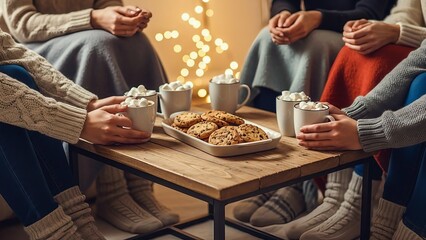 Cozy gathering with hot chocolate and cookies by warm christmas lights