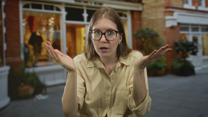 Obraz premium Woman wearing glasses shrugs both hands while looking confused on a city street with brick storefront behind her; uncertainty.