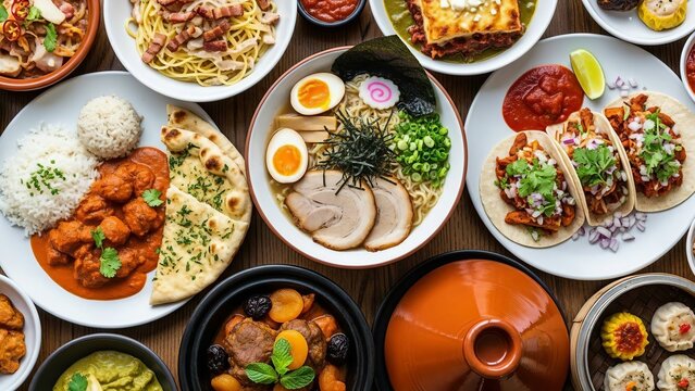 Overhead view of a diverse spread of delicious international food dishes