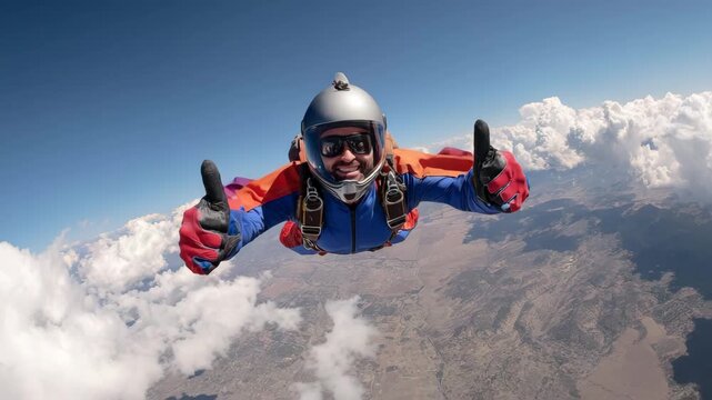 Excited skydiver gives thumbs up while freefalling through clouds