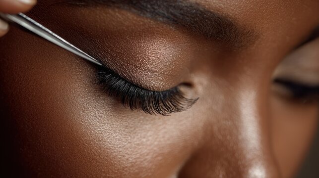 Close up of an African American woman skillfully applying false eyelashes in a well-lit space, enhancing her beauty with focus and precision