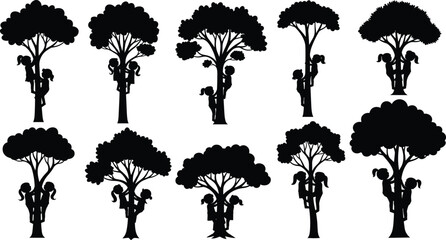 Tree silhouettes, children climbing, black vector trees, playful kids, nature clipart, childhood activity, forest art, outdoor fun, tree shapes, illustration design