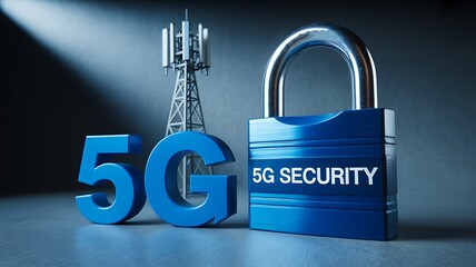 5g network security protection with communication tower and digital padlock