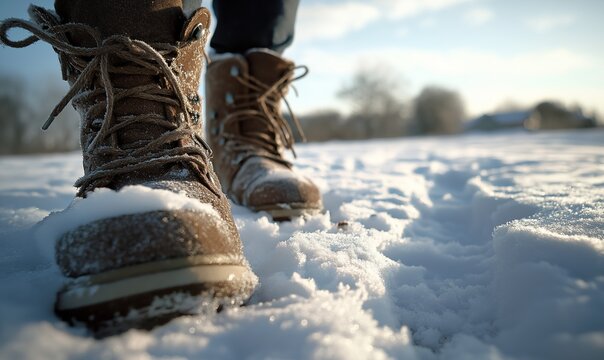 Brown boots walking in snow ground  - Powered by Adobe