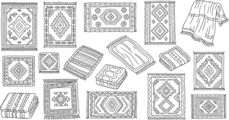 Tribal rugs, ethnic blankets, geometric patterns, traditional textile art, folded fabric, black and white design, interior decor, cultural motifs