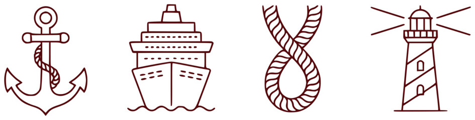 Nautical Icons Anchor, Cruise Ship, Rope, and Lighthouse