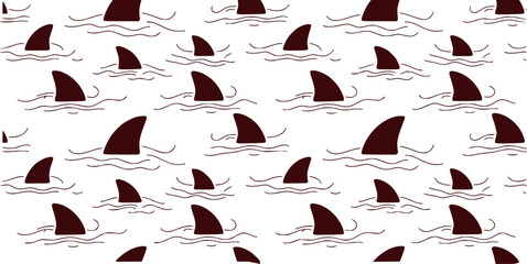 Seamless Pattern of Dark Red Shark Fins in Wavy Water