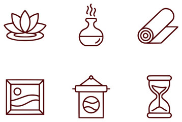 Set of Six Line Art Icons Lotus, Vase, Mat, Picture, Banner, Hourglass