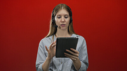 Woman with blonde hair wearing headset pointing finger at digital tablet in red studio; concentration learning.